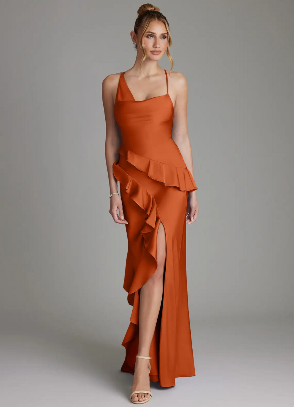 Elegant Satin Asymmetrical Spaghetti Strap Ruffle High-Slit Floor-Length Bridesmaid Dress