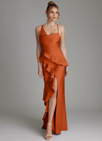 Elegant Satin Asymmetrical Spaghetti Strap Ruffle High-Slit Floor-Length Bridesmaid Dress