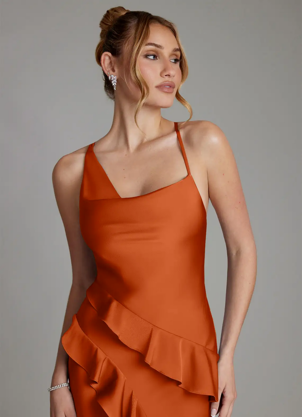 Elegant Satin Asymmetrical Spaghetti Strap Ruffle High-Slit Floor-Length Bridesmaid Dress