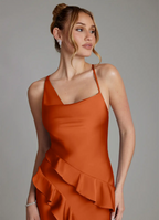 Elegant Satin Asymmetrical Spaghetti Strap Ruffle High-Slit Floor-Length Bridesmaid Dress