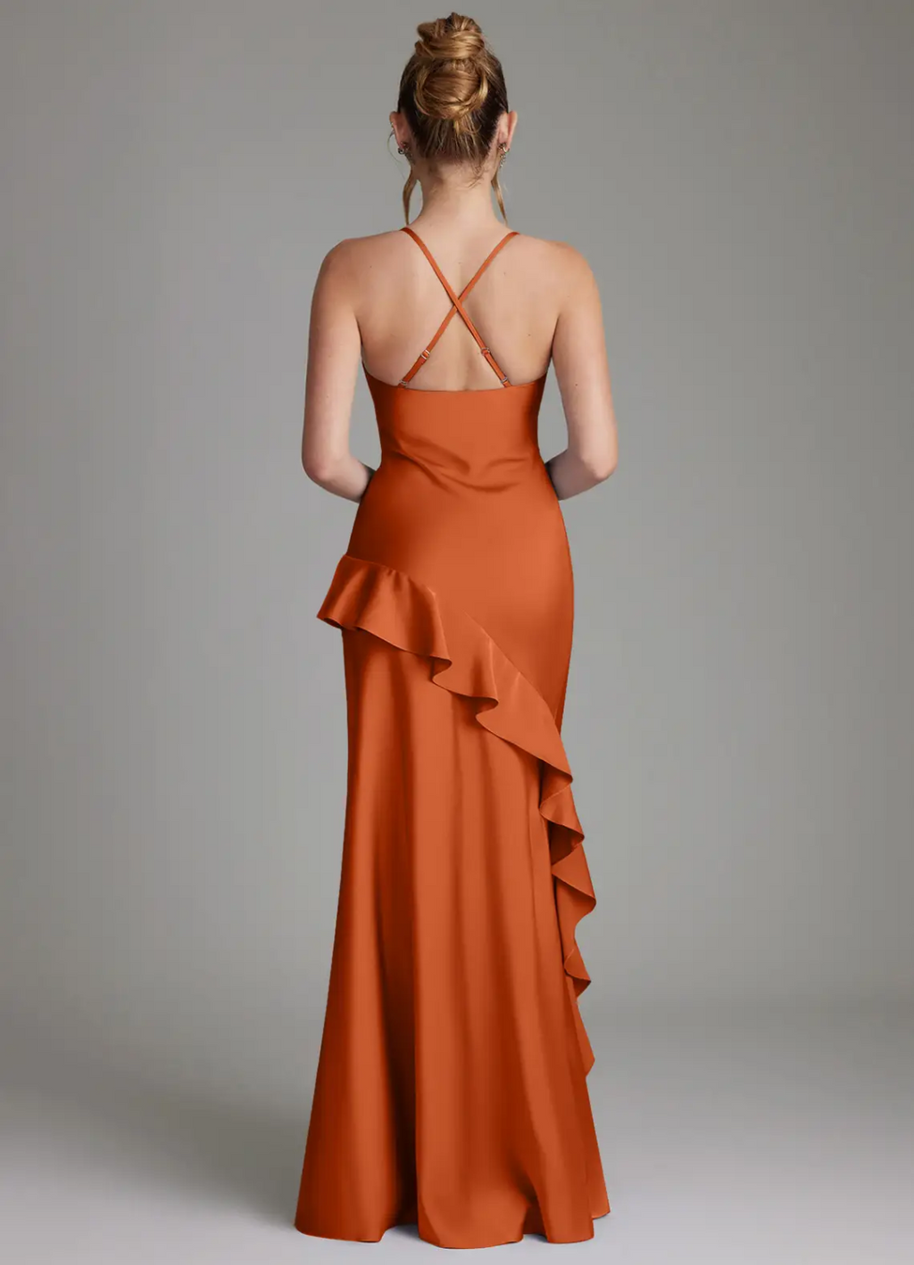 Elegant Satin Asymmetrical Spaghetti Strap Ruffle High-Slit Floor-Length Bridesmaid Dress