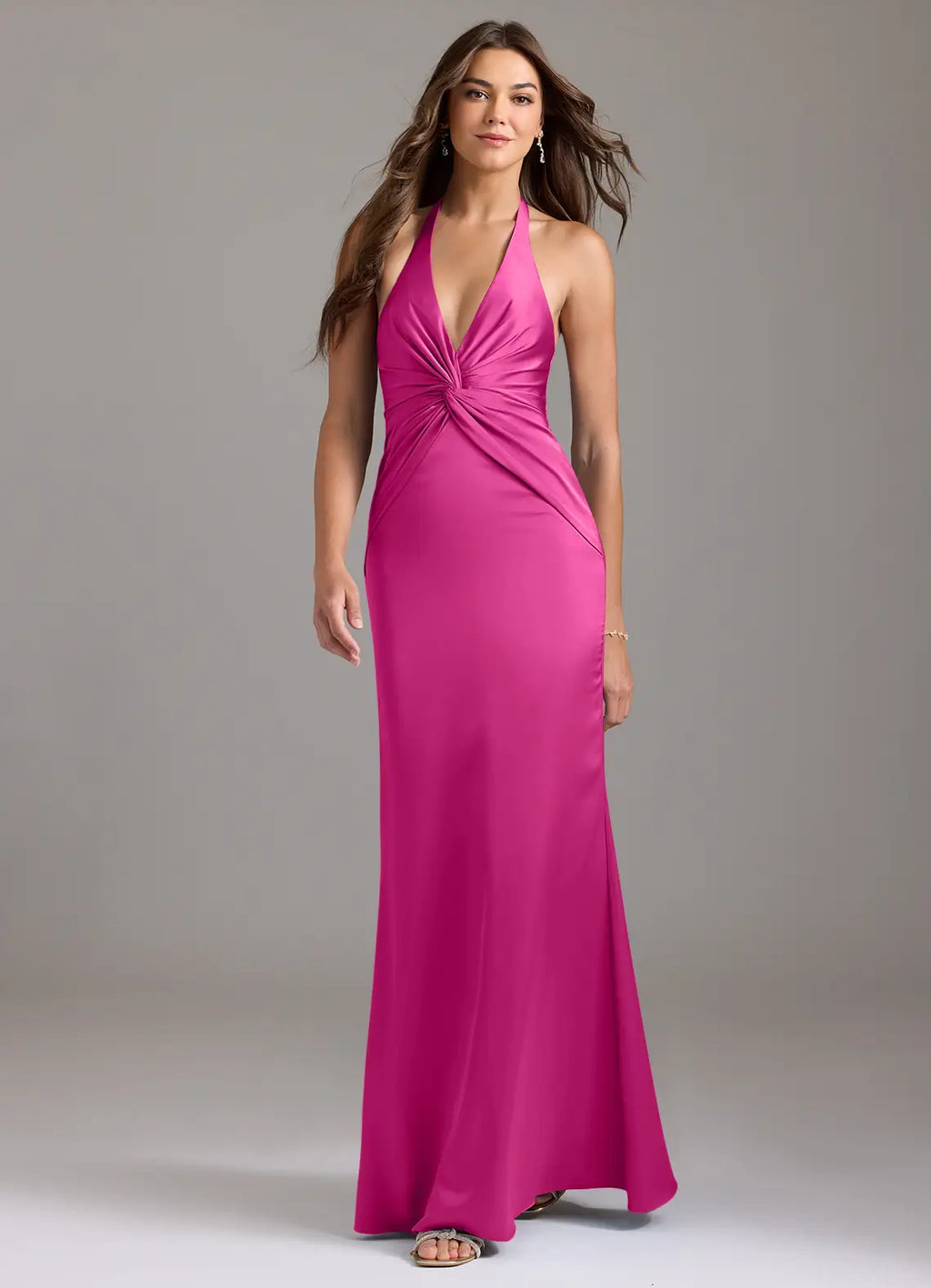 Elegant Satin Bridesmaid Dresses with Halter Neck and Twisted Front Detailing