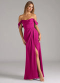 Elegant Satin Bridesmaid Dresses with Off-the-Shoulder Detailing and High Slit