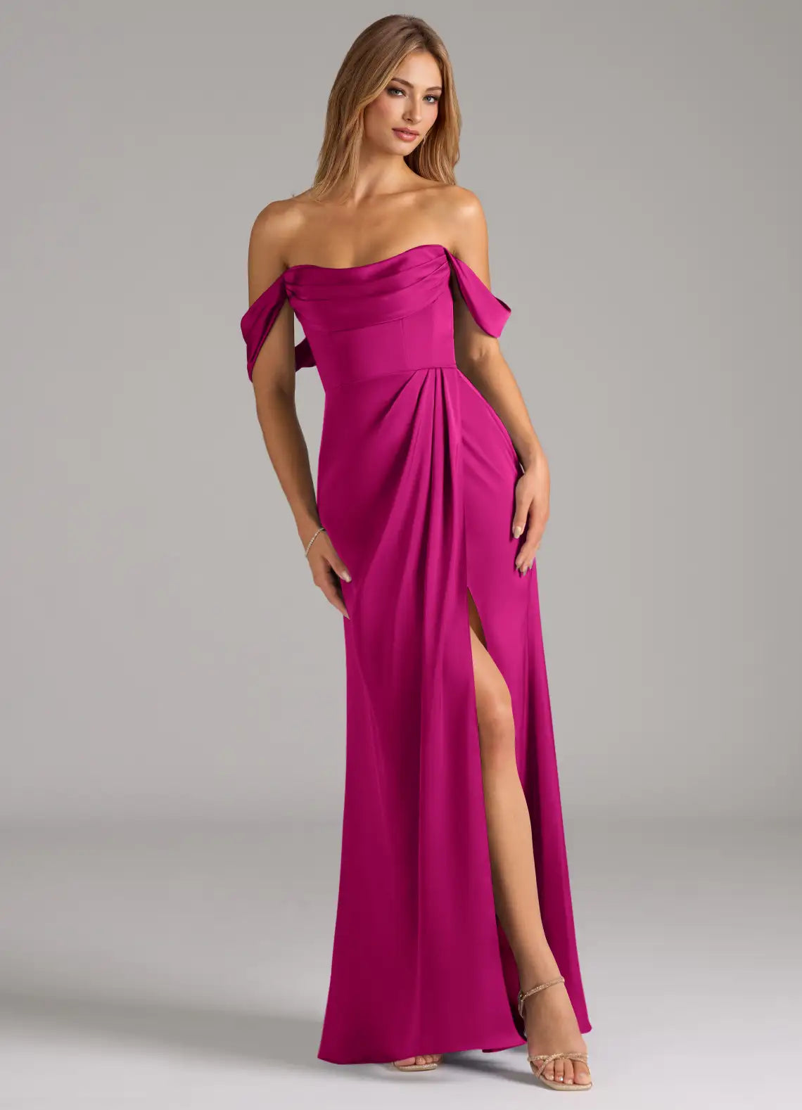 Elegant Satin Bridesmaid Dresses with Off-the-Shoulder Detailing and High Slit
