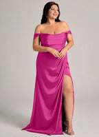 Elegant Satin Bridesmaid Dresses with Off-the-Shoulder Detailing and High Slit