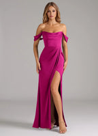 Elegant Satin Bridesmaid Dresses with Off-the-Shoulder Detailing and High Slit