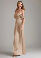 Elegant Satin Bridesmaid Dresses with Off-the-Shoulder Neckline, Structured Bodice and Floor-Length Skirt Formal Gown