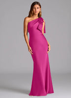 Elegant Satin Bridesmaid Dresses with One-Shoulder Bow Detailing and Sheath Silhouette