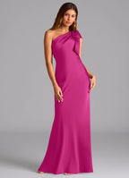Elegant Satin Bridesmaid Dresses with One-Shoulder Bow Detailing and Sheath Silhouette