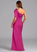 Elegant Satin Bridesmaid Dresses with One-Shoulder Bow Detailing and Sheath Silhouette