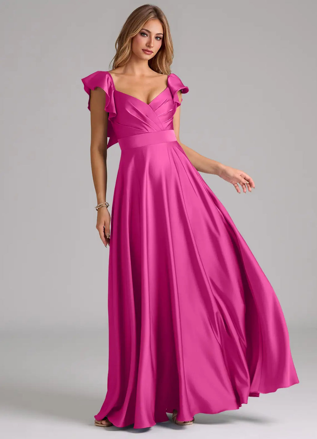 Elegant Satin Bridesmaid Dresses with Ruffled Sleeves and Flowy A-Line Skirt
