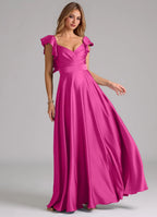 Elegant Satin Bridesmaid Dresses with Ruffled Sleeves and Flowy A-Line Skirt
