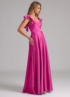 Elegant Satin Bridesmaid Dresses with Ruffled Sleeves and Flowy A-Line Skirt