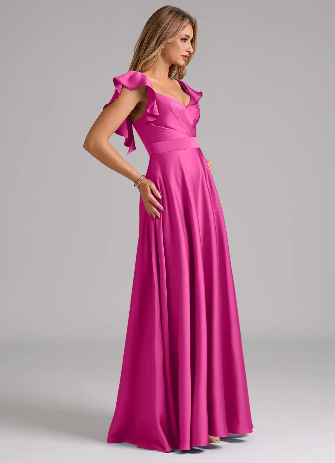 Elegant Satin Bridesmaid Dresses with Ruffled Sleeves and Flowy A-Line Skirt