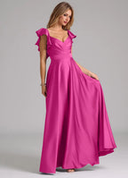 Elegant Satin Bridesmaid Dresses with Ruffled Sleeves and Flowy A-Line Skirt
