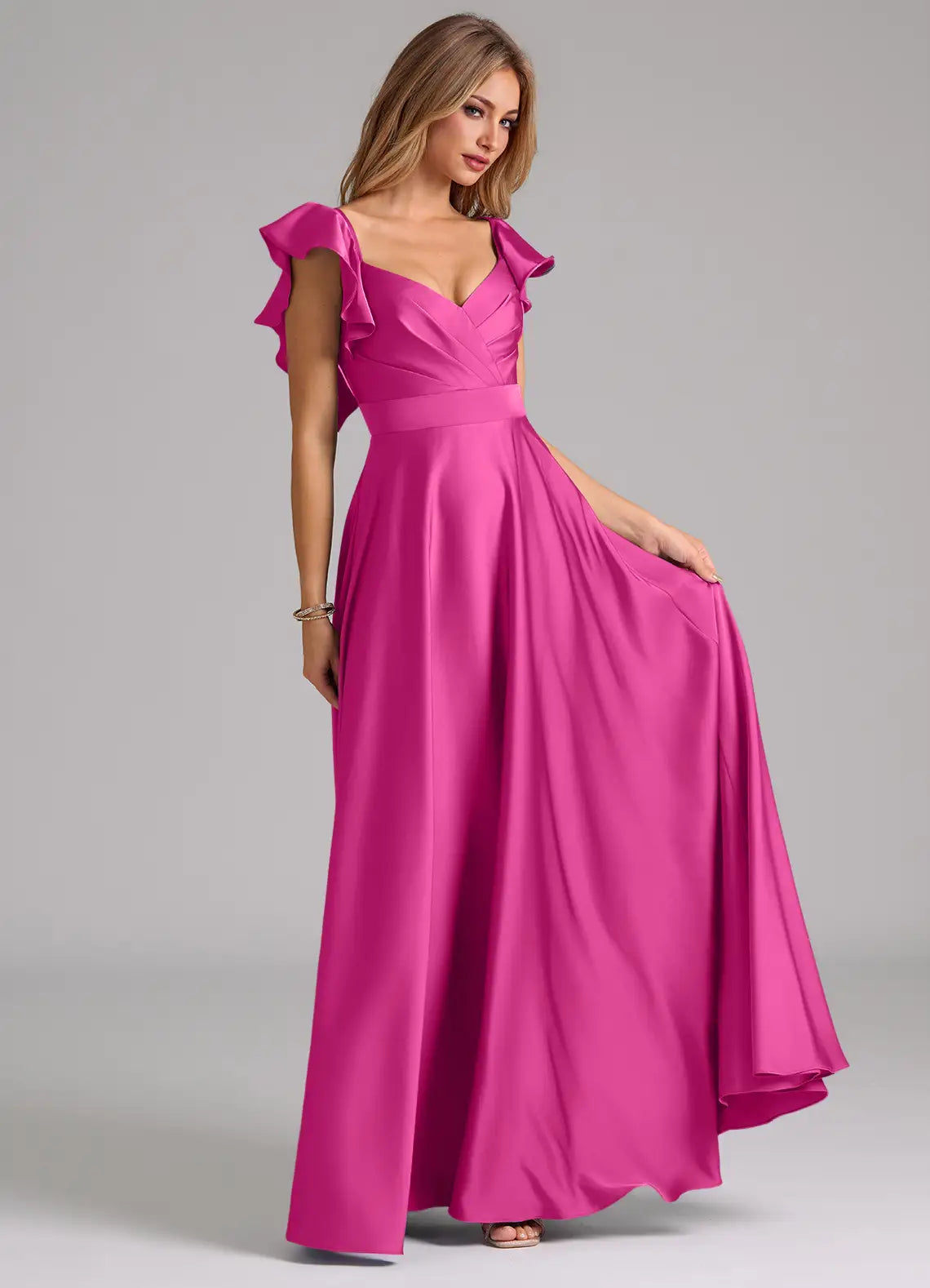 Elegant Satin Bridesmaid Dresses with Ruffled Sleeves and Flowy A-Line Skirt