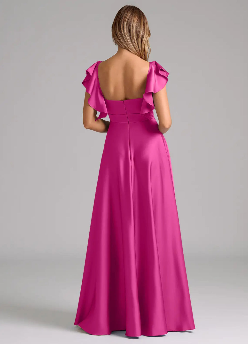 Elegant Satin Bridesmaid Dresses with Ruffled Sleeves and Flowy A-Line Skirt