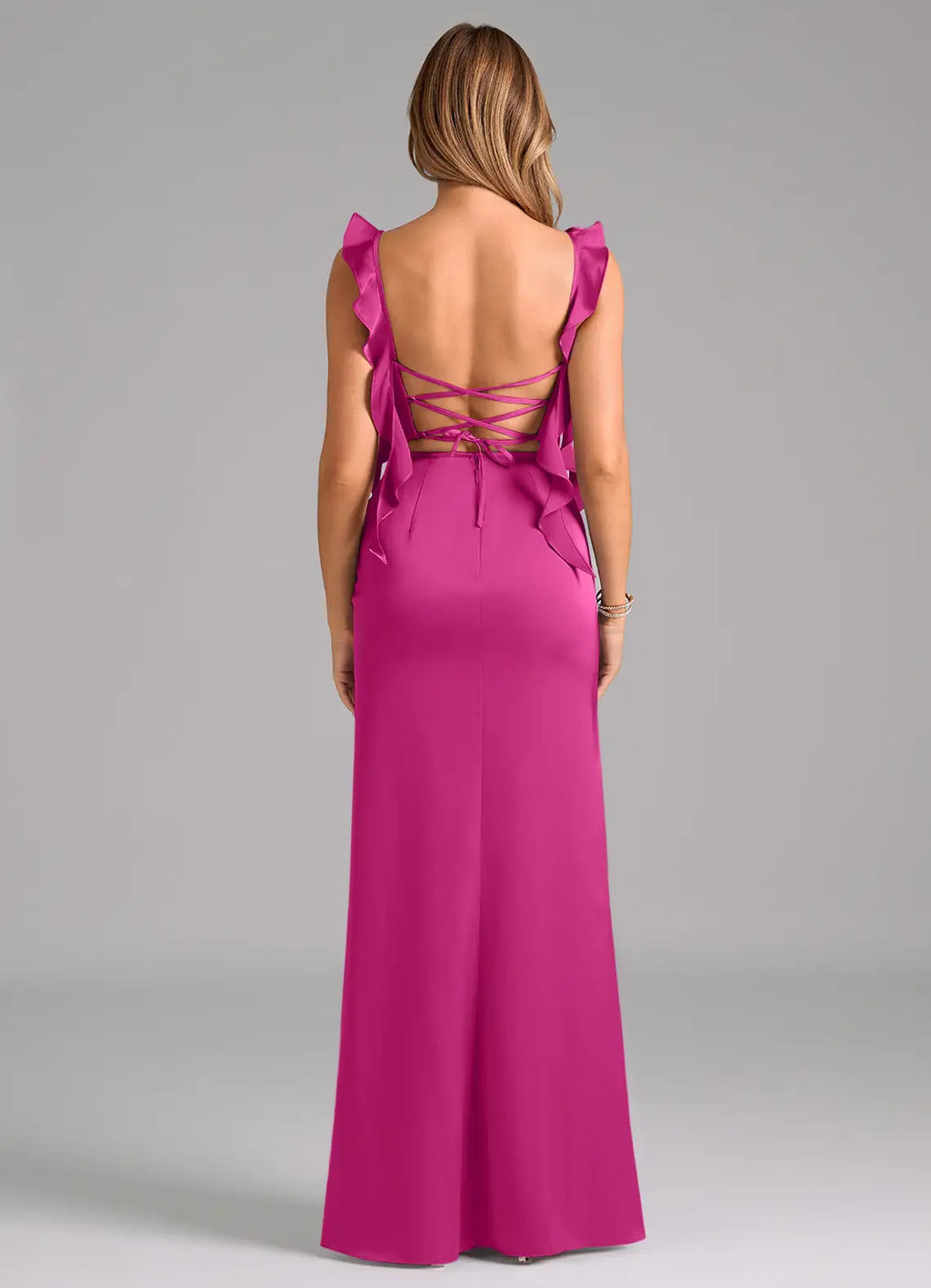 Elegant Satin Bridesmaid Dresses with Ruffled Straps and Lace-Up Back Detailing