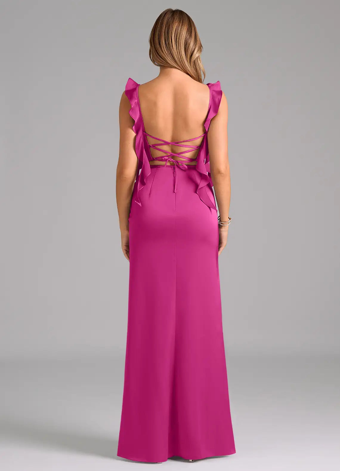 Elegant Satin Bridesmaid Dresses with Ruffled Straps and Lace-Up Back Detailing