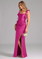 Elegant Satin Bridesmaid Dresses with Ruffled Straps and Lace-Up Back Detailing