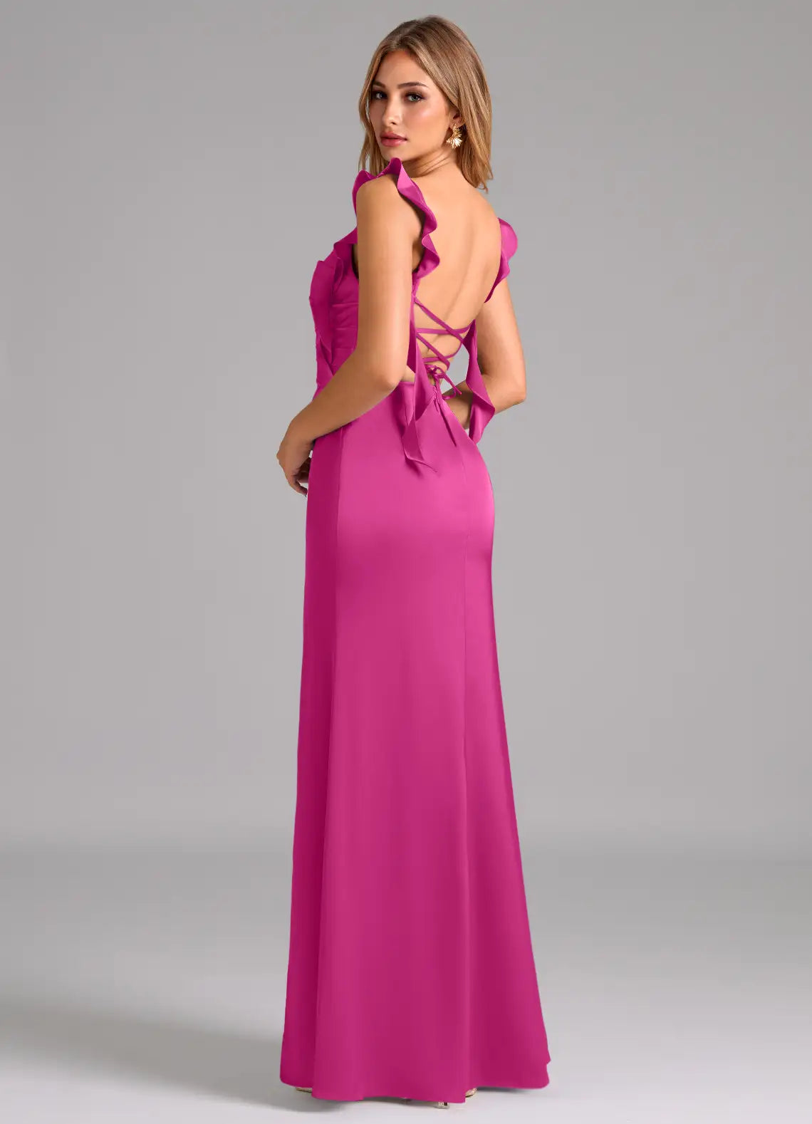 Elegant Satin Bridesmaid Dresses with Ruffled Straps and Lace-Up Back Detailing