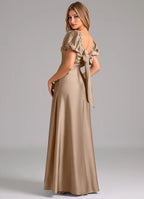 Elegant Satin Bridesmaid Dress with Puff Sleeves, Bow Back and Flowing Skirt
