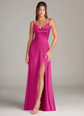 Elegant Satin Form-Fitting Cowl Neck Spaghetti Strap V-Back Floor-Length Bridesmaid Dress with High Slit for Wedding Events