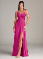 Elegant Satin Form-Fitting Cowl Neck Spaghetti Strap V-Back Floor-Length Bridesmaid Dress with High Slit for Wedding Events