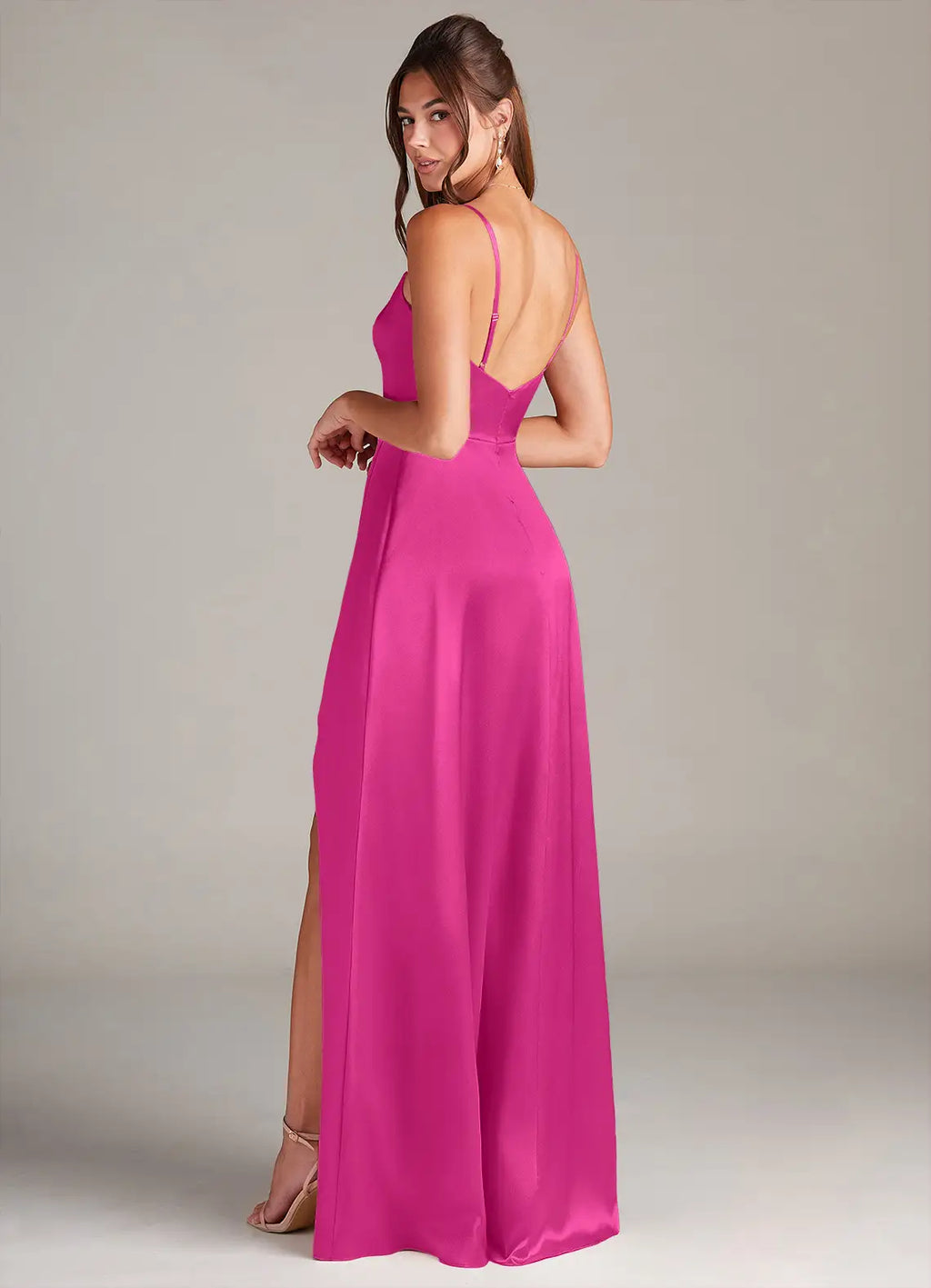 Elegant Satin Form-Fitting Cowl Neck Spaghetti Strap V-Back Floor-Length Bridesmaid Dress with High Slit for Wedding Events