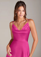 Elegant Satin Form-Fitting Cowl Neck Spaghetti Strap V-Back Floor-Length Bridesmaid Dress with High Slit for Wedding Events