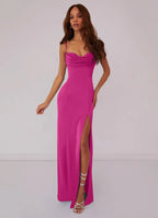 Elegant Satin Form-Fitting Sweetheart Spaghetti Strap Lace-Up Cowl Back Floor-Length Bridesmaid Dress for Wedding Events