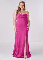 Elegant Satin Form-Fitting Sweetheart Spaghetti Strap Lace-Up Cowl Back Floor-Length Bridesmaid Dress for Wedding Events