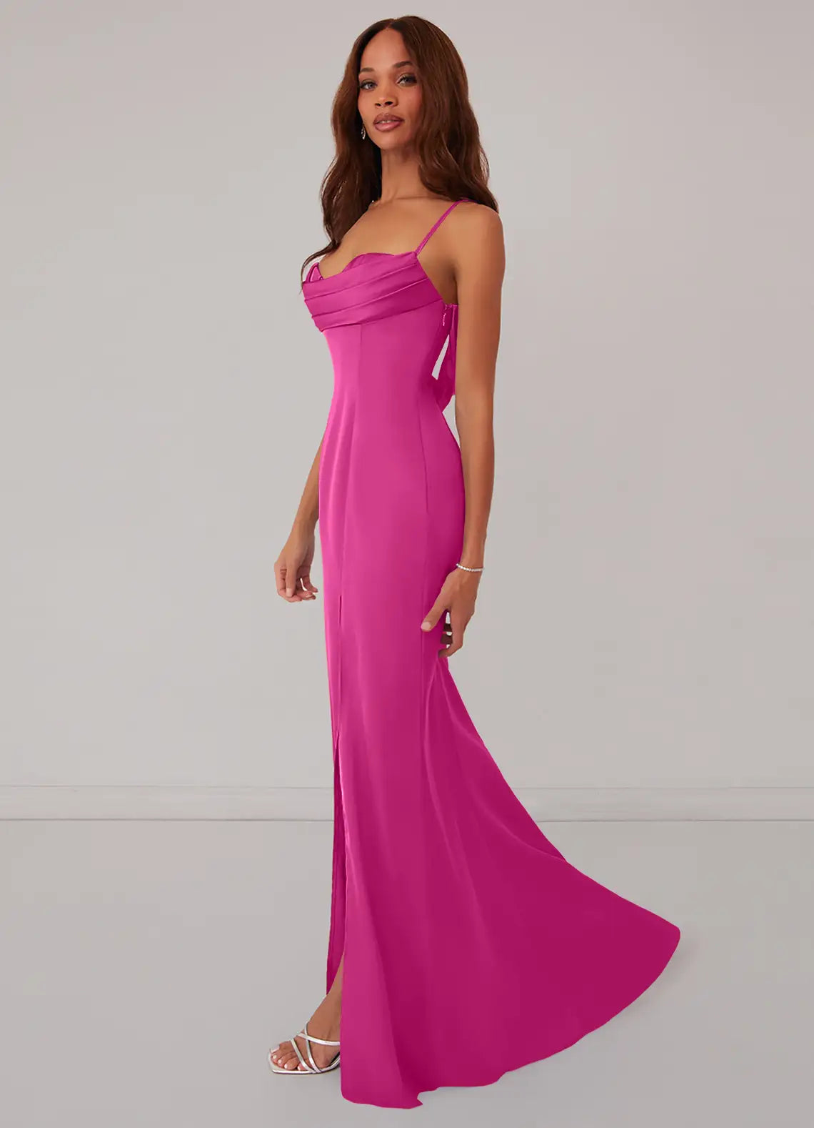 Elegant Satin Form-Fitting Sweetheart Spaghetti Strap Lace-Up Cowl Back Floor-Length Bridesmaid Dress for Wedding Events