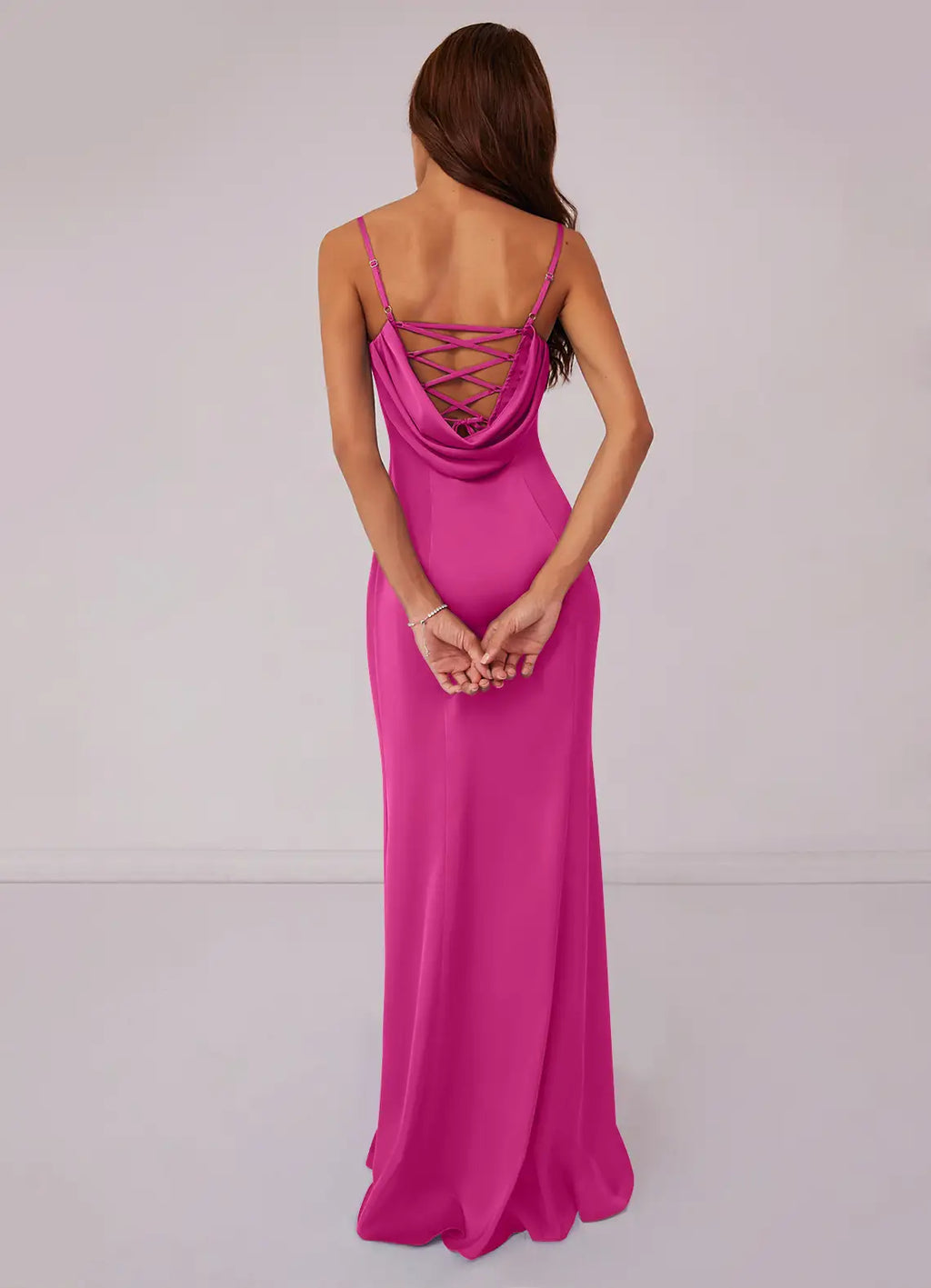 Elegant Satin Form-Fitting Sweetheart Spaghetti Strap Lace-Up Cowl Back Floor-Length Bridesmaid Dress for Wedding Events