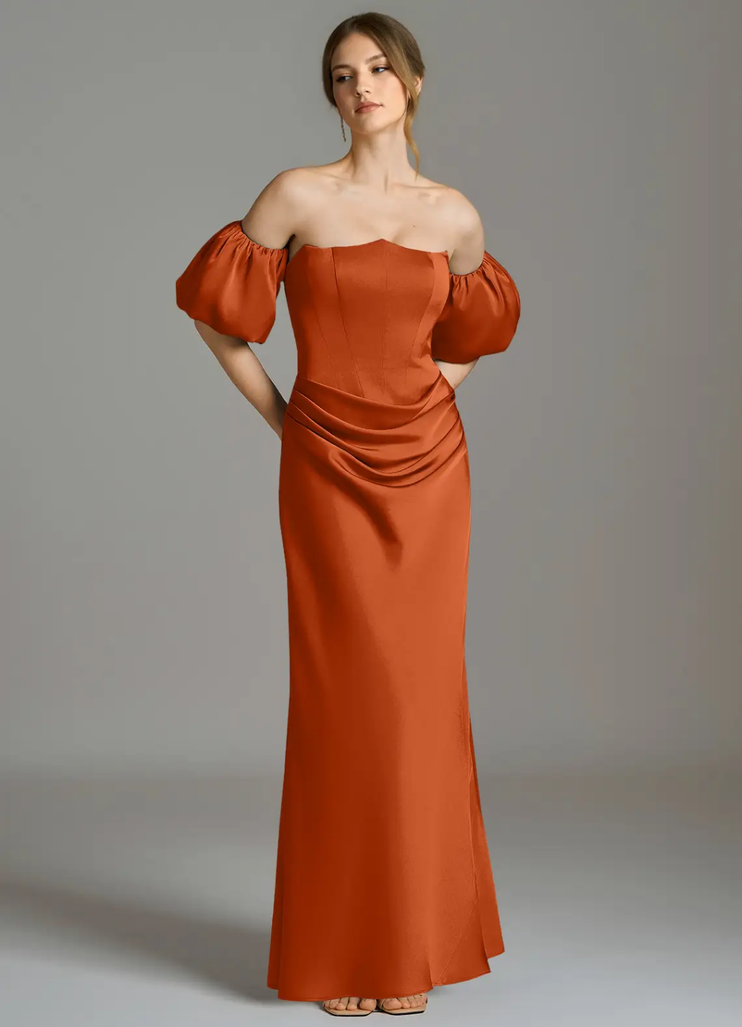 Elegant Satin Off-Shoulder Puff Sleeve Corset Bodice Ruched Floor-Length Bridesmaid Dress