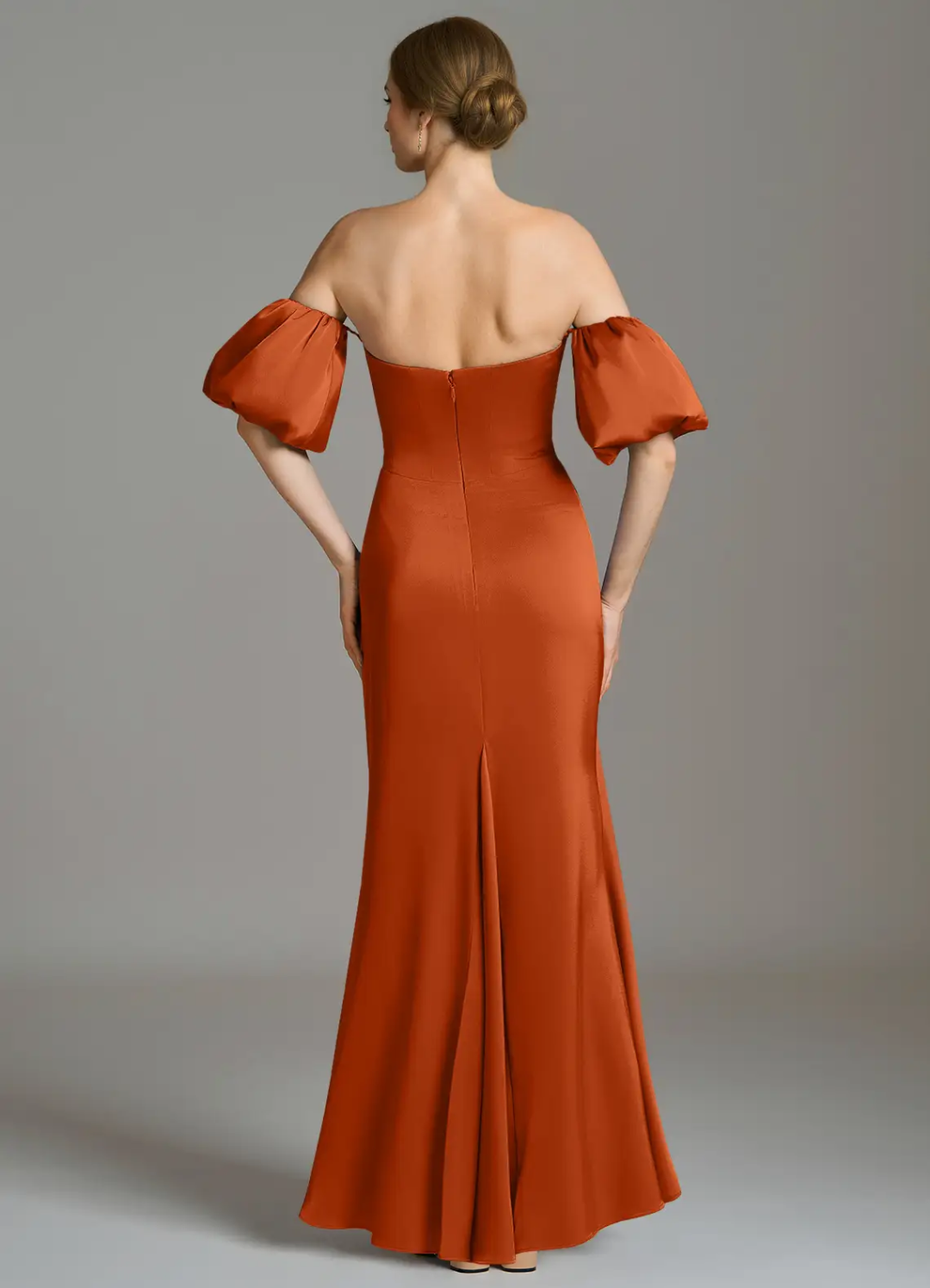 Elegant Satin Off-Shoulder Puff Sleeve Corset Bodice Ruched Floor-Length Bridesmaid Dress