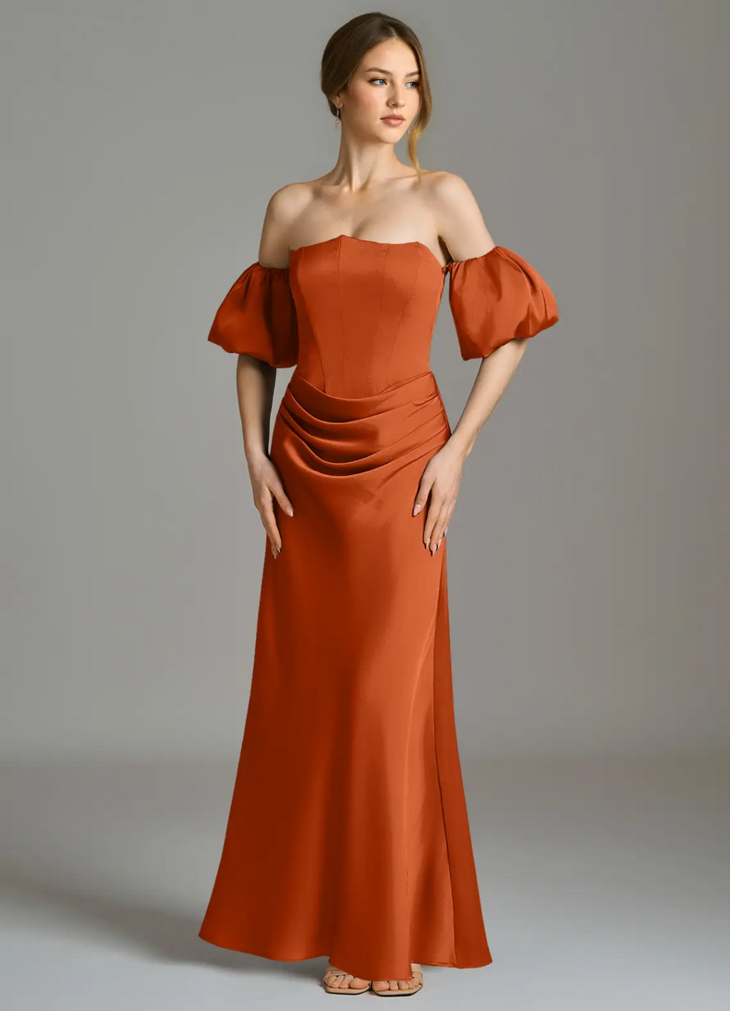 Elegant Satin Off-Shoulder Puff Sleeve Corset Bodice Ruched Floor-Length Bridesmaid Dress