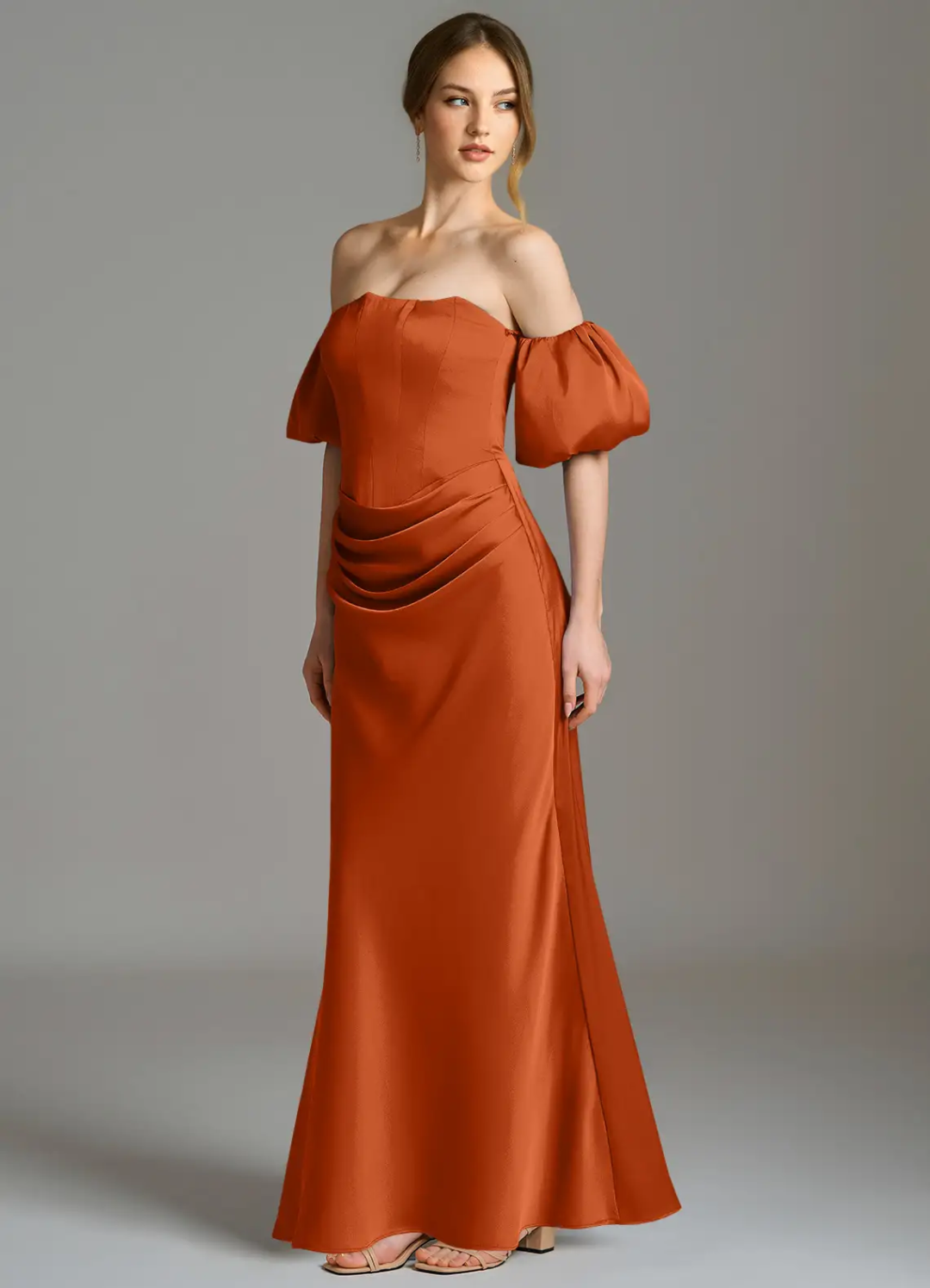 Elegant Satin Off-Shoulder Puff Sleeve Corset Bodice Ruched Floor-Length Bridesmaid Dress