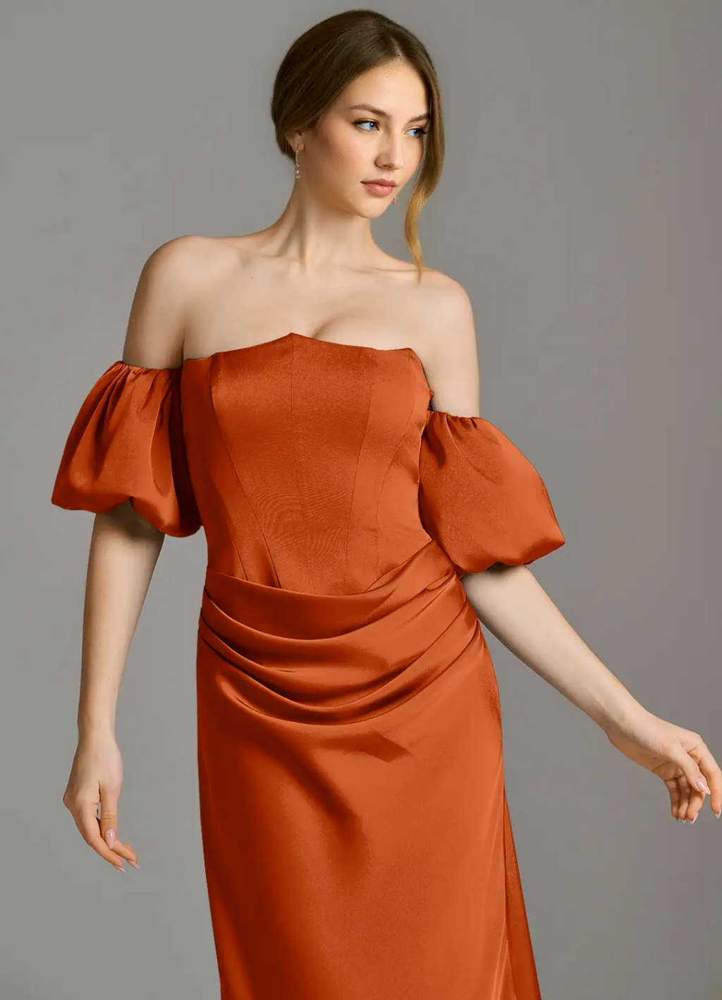 Elegant Satin Off-Shoulder Puff Sleeve Corset Bodice Ruched Floor-Length Bridesmaid Dress