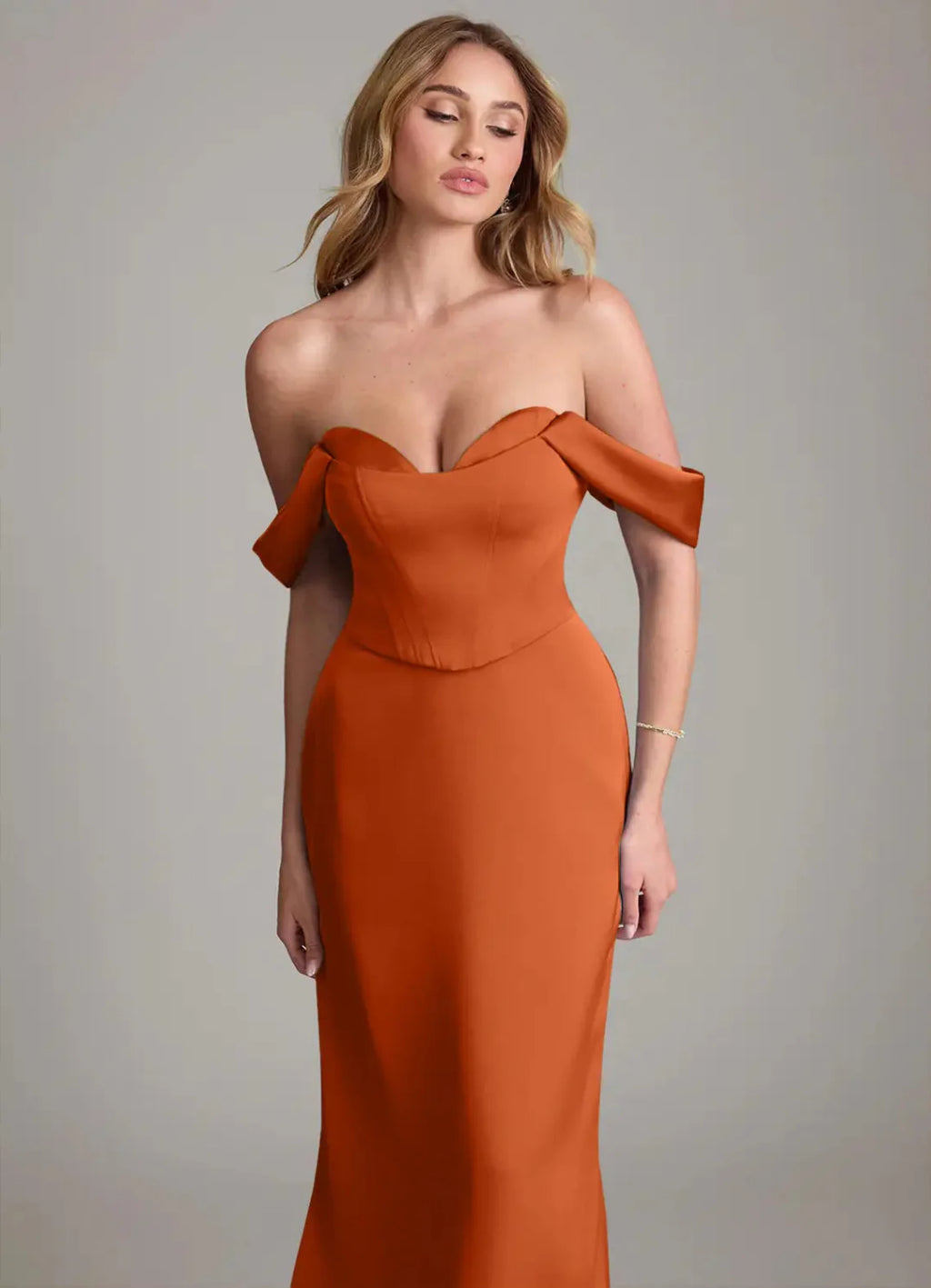 Elegant Satin Off-Shoulder Sweetheart Corset Bodice Floor-Length Bridesmaid Dress