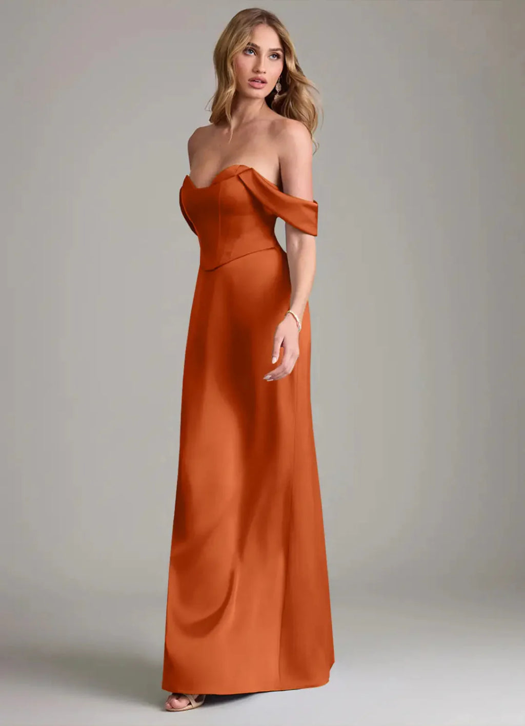 Elegant Satin Off-Shoulder Sweetheart Corset Bodice Floor-Length Bridesmaid Dress