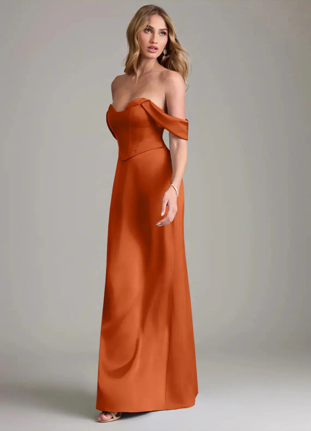 Elegant Satin Off-Shoulder Sweetheart Corset Bodice Floor-Length Bridesmaid Dress