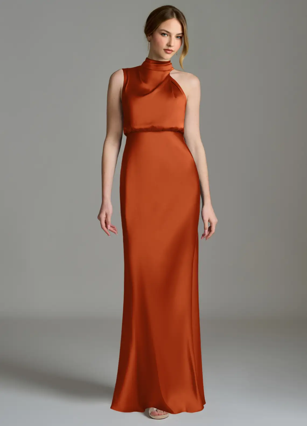 Elegant Satin Sheath Asymmetrical High Neck Sleeveless Open Back Floor-Length Bridesmaid Dress for Wedding Events