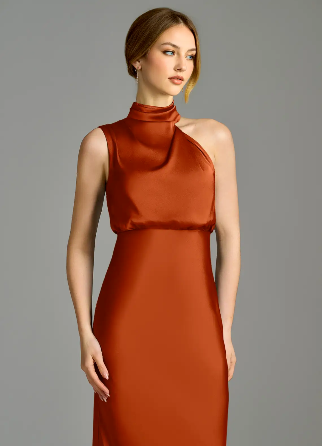 Elegant Satin Sheath Asymmetrical High Neck Sleeveless Open Back Floor-Length Bridesmaid Dress for Wedding Events