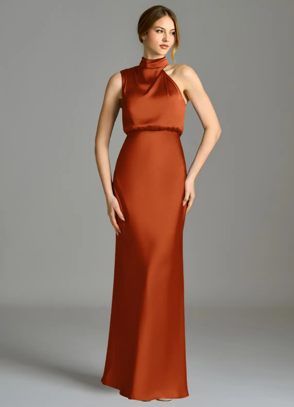Elegant Satin Sheath Asymmetrical High Neck Sleeveless Open Back Floor-Length Bridesmaid Dress for Wedding Events