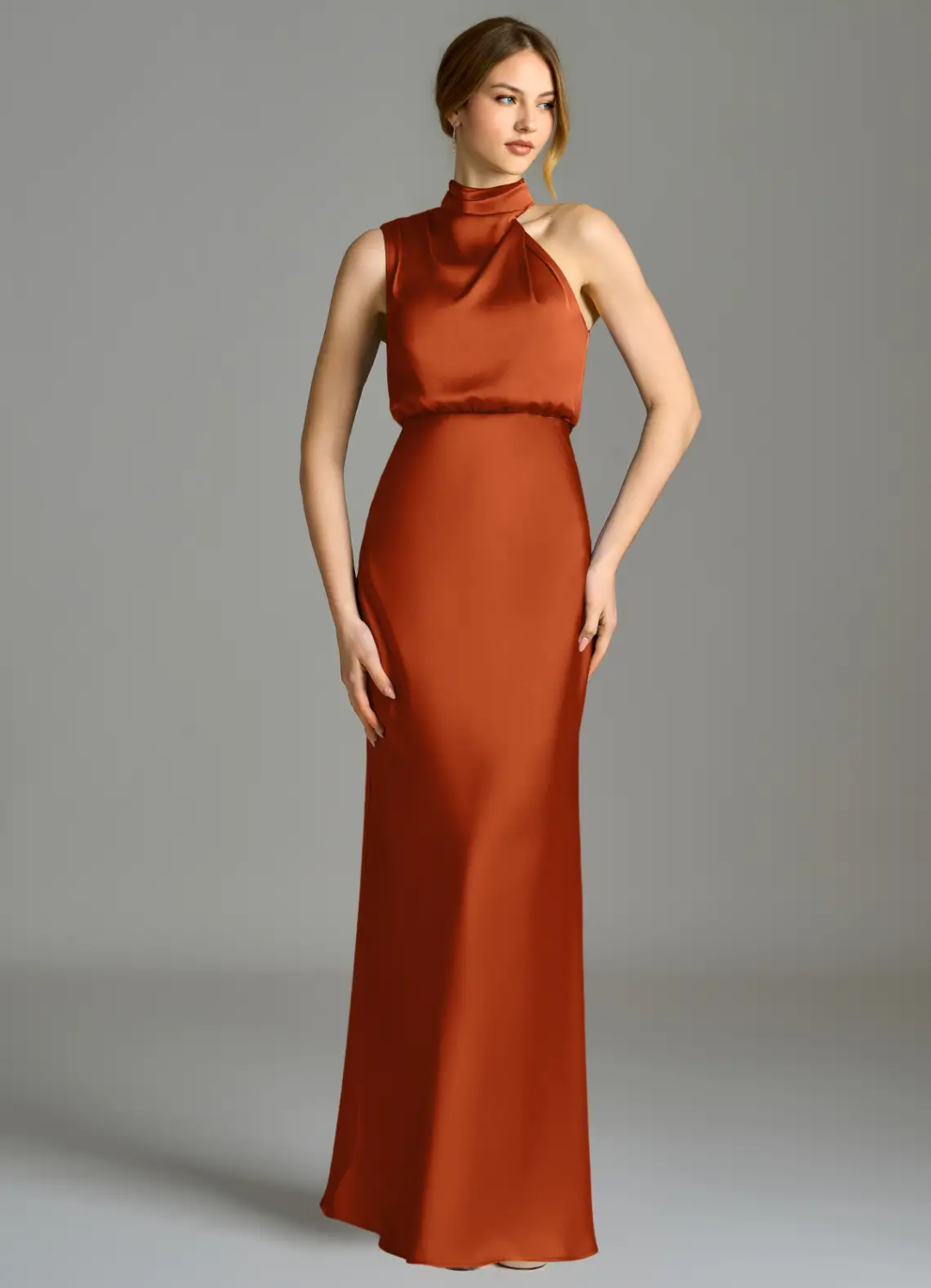 Elegant Satin Sheath Asymmetrical High Neck Sleeveless Open Back Floor-Length Bridesmaid Dress for Wedding Events