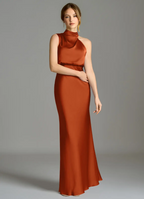 Elegant Satin Sheath Asymmetrical High Neck Sleeveless Open Back Floor-Length Bridesmaid Dress for Wedding Events