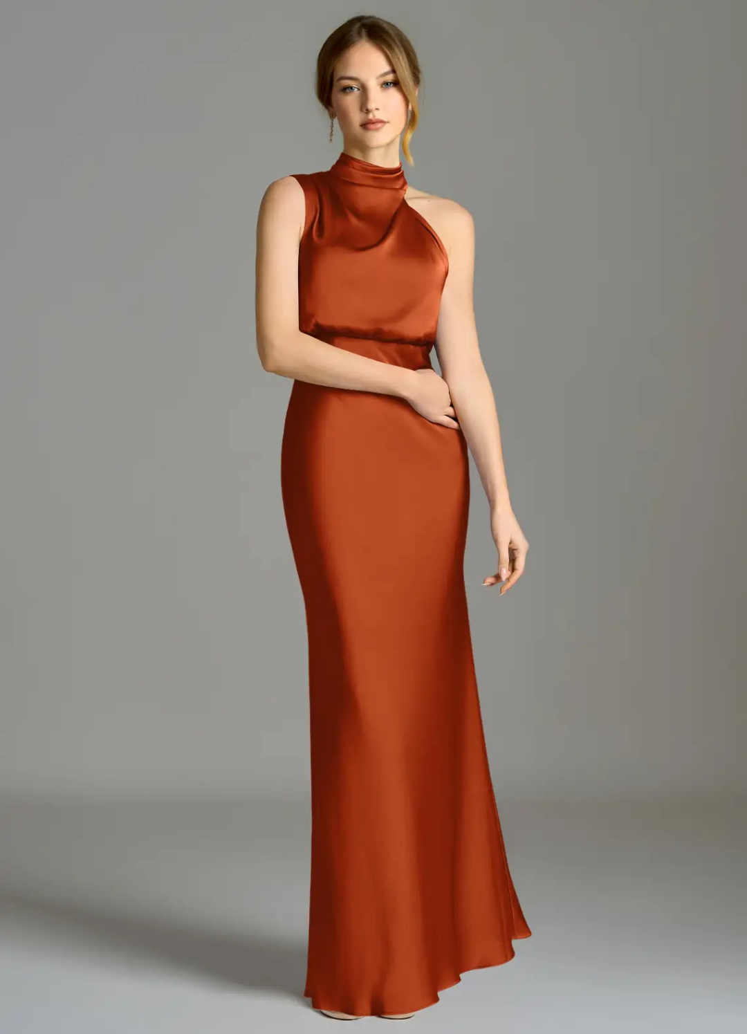 Elegant Satin Sheath Asymmetrical High Neck Sleeveless Open Back Floor-Length Bridesmaid Dress for Wedding Events