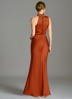 Elegant Satin Sheath Asymmetrical High Neck Sleeveless Open Back Floor-Length Bridesmaid Dress for Wedding Events