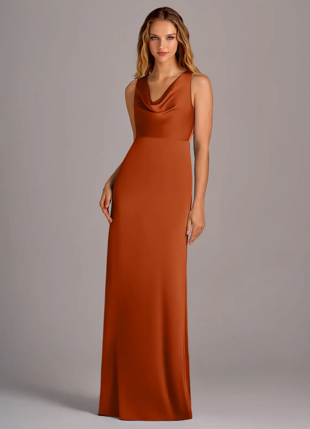 Elegant Satin Sheath Cowl Neck Sleeveless Open Back Floor-Length Bridesmaid Dress for Wedding Events